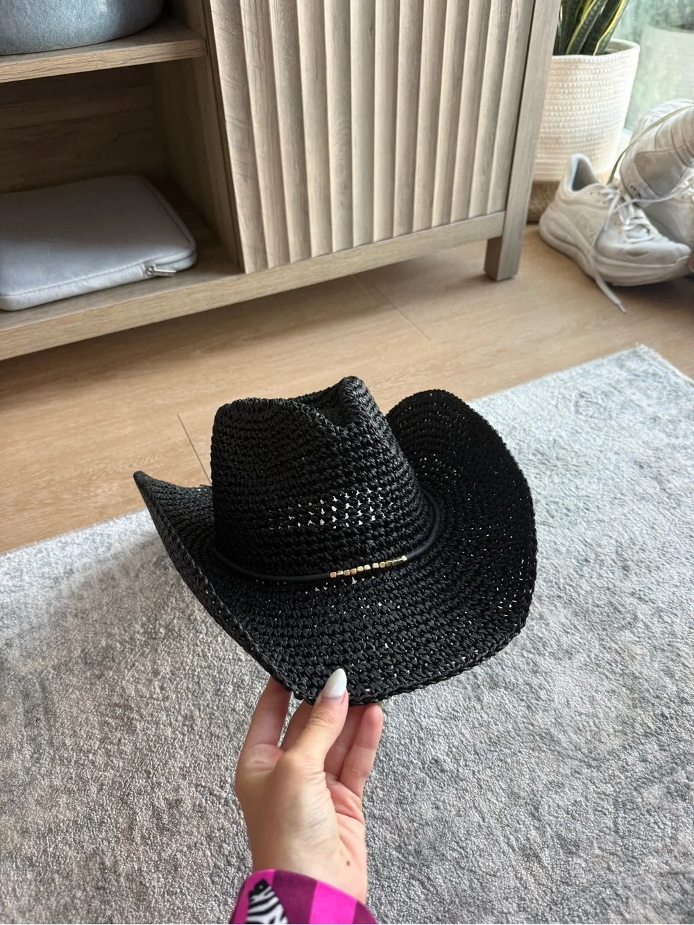 Vince Camuto Black Straw Cowboy Hat with Beaded Trim